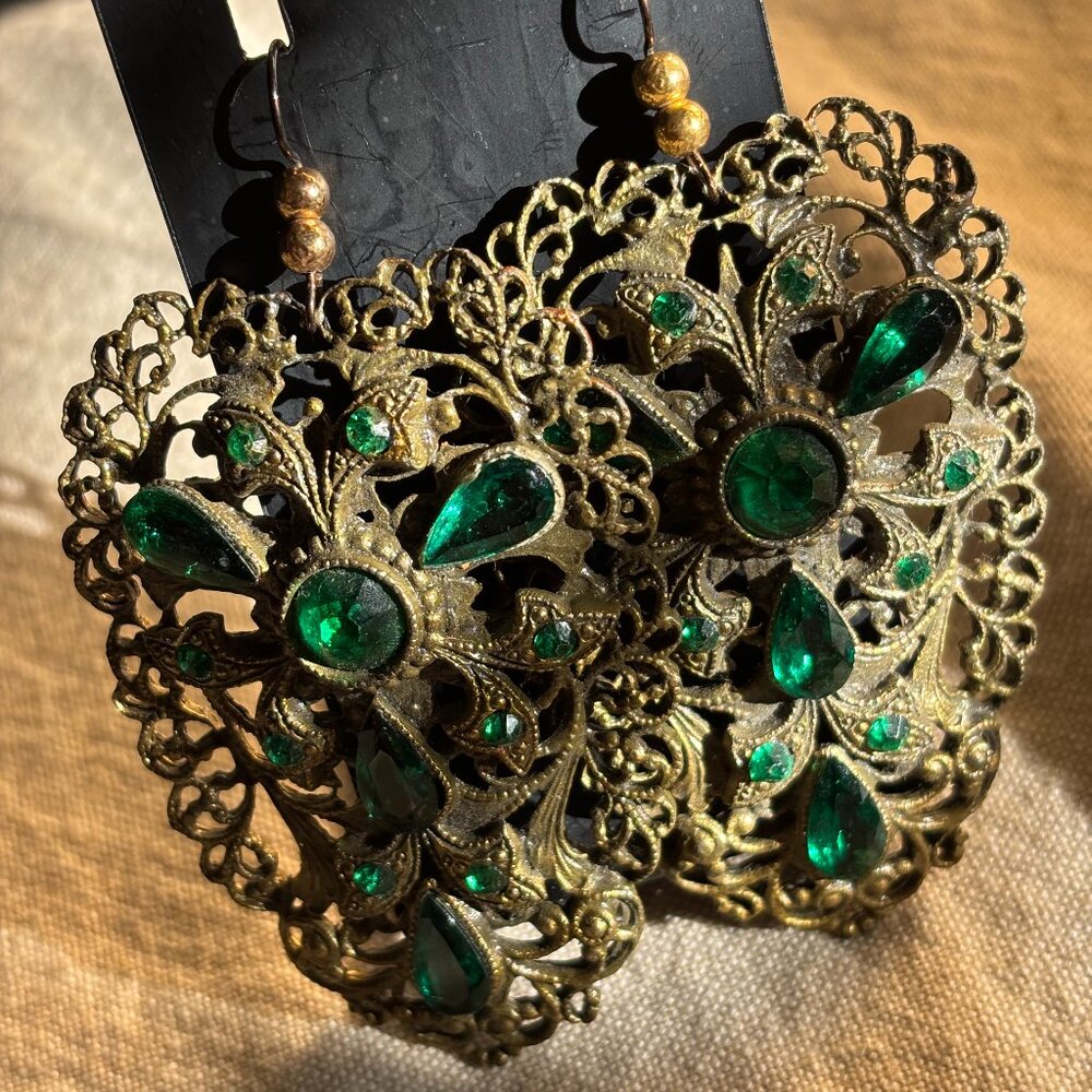 Vintage Green Goddess Rhinestone Earrings